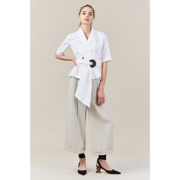 New Isa Arfen Poplin Double Button Pleated Robe Top With Sash $565 Sz 4 White - Picture 1 of 5